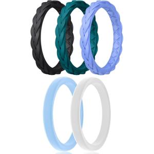 Egnaro Women’s Rings Enhancers, Silicone Thin and Stackable Rubber Wedding Bands, Variety Multipack With Breathable Grooves Workout Accessories(SETC2-Black  Emerald Green  light purple-blue  Sky Blue  White)