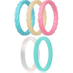 Egnaro Women’s Rings Enhancers, Silicone Thin and Stackable Rubber Wedding Bands, Variety Multipack With Breathable Grooves Workout Accessories(SETC4-Teal Mist  Faint Red  Sunlight Yellow  Lapis Blue  Metallic Pearl White)