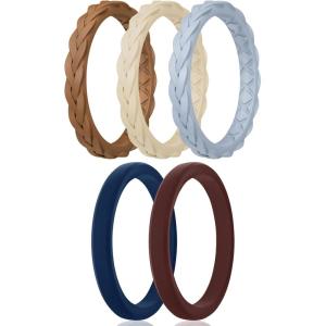Egnaro Women’s Rings Enhancers, Silicone Thin and Stackable Rubber Wedding Bands, Variety Multipack With Breathable Grooves Workout Accessories(SETC5-Dark Blue  Misty Blue  Nude  Light Brown  Caramel)