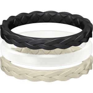 Egnaro Women’s Rings Enhancers, Silicone Thin and Stackable Rubber Wedding Bands, Variety Multipack With Breathable Grooves Workout Accessories(T4-Black  White  Cream Beige)