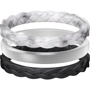 Egnaro Women’s Rings Enhancers, Silicone Thin and Stackable Rubber Wedding Bands, Variety Multipack With Breathable Grooves Workout Accessories(T-Marble  Metallic Silver  Black)
