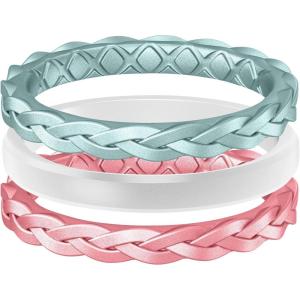 Egnaro Women’s Rings Enhancers, Silicone Thin and Stackable Rubber Wedding Bands, Variety Multipack With Breathable Grooves Workout Accessories(U1-Metallic Blue  Metallic Pearl White  Metallic Pink)