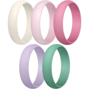 Egnaro Women’s Silicone Band Rings 5.5mm Width 3.5mm Thickness, Flexible Workout Rubber Wedding Sets Vaiours Sizes(SETA2-Ivory  Whitepink  Faint Red  Light Purple  Meadow Green)