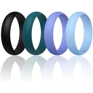 Egnaro Women’s Silicone Band Rings 5.5mm Width 3.5mm Thickness, Flexible Workout Rubber Wedding Sets Vaiours Sizes(SETA4-Black  Jade Green  Light Purple-Blue  Sky Blue)
