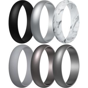 Egnaro Women’s Silicone Band Rings 5.5mm Width 3.5mm Thickness, Flexible Workout Rubber Wedding Sets Vaiours Sizes(SETB3-Black  Silver  Marble  Dark Silver  Light Gray  Metallic Gun)