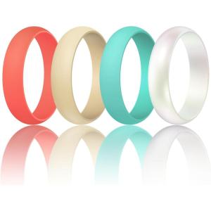 Egnaro Women’s Silicone Band Rings 5.5mm Width 3.5mm Thickness, Flexible Workout Rubber Wedding Sets Vaiours Sizes(SETB8-Honey Red  Sunlight Yellow  Mint Green  Metallic Pearl White)