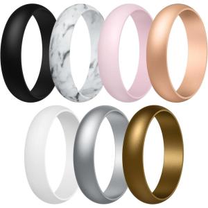Egnaro Women’s Silicone Band Rings 5.5mm Width 3.5mm Thickness, Flexible Workout Rubber Wedding Sets Vaiours Sizes(SETC1-Black  Marble  Whitepink  Peach  White  Silver  Bronze)