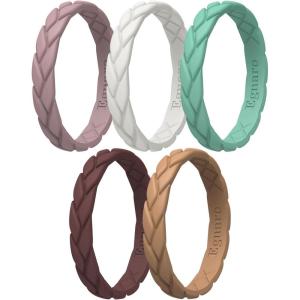 Egnaro Women’s Silicone Stackable Rings 3.5mm Wide 2mm Thick, Rubber Flexible Hypoallergenic Wedding Bands For Workout Leaf Braided Fashion(SETA1-Bright Peach  Green  Caramel  Ivory  Light Brown)