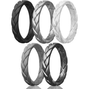 Egnaro Women’s Silicone Stackable Rings 3.5mm Wide 2mm Thick, Rubber Flexible Hypoallergenic Wedding Bands For Workout Leaf Braided Fashion(SETA3-Black  Silver  Marble  Light Gray  Dark Silver)