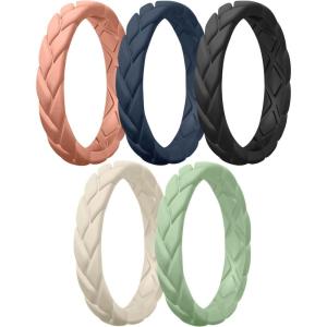 Egnaro Women’s Silicone Stackable Rings 3.5mm Wide 2mm Thick, Rubber Flexible Hypoallergenic Wedding Bands For Workout Leaf Braided Fashion(SETA6-Dark Blue  Mist Green  Pumpkin  Beige  Black)