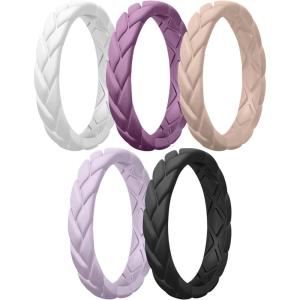 Egnaro Women’s Silicone Stackable Rings 3.5mm Wide 2mm Thick, Rubber Flexible Hypoallergenic Wedding Bands For Workout Leaf Braided Fashion(SETA7-Black  Orchid Haze  White  Light Pink  Light Purple)