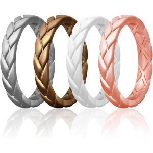 Egnaro Women’s Silicone Stackable Rings 3.5mm Wide 2mm Thick, Rubber Flexible Hypoallergenic Wedding Bands For Workout Leaf Braided Fashion(SETB4-Silver  Bronze  White  Rose Gold)