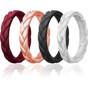 Egnaro Women’s Silicone Stackable Rings 3.5mm Wide 2mm Thick, Rubber Flexible Hypoallergenic Wedding Bands For Workout Leaf Braided Fashion(SETB5-Bordeaux  Rose Gold  Marble  Black)