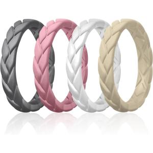 Egnaro Women’s Silicone Stackable Rings 3.5mm Wide 2mm Thick, Rubber Flexible Hypoallergenic Wedding Bands For Workout Leaf Braided Fashion(SETB8-Dark Gray  Faint Red  Peal White  Cream Beige)
