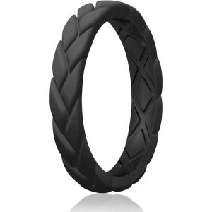 Egnaro Women’s Silicone Stackable Rings 3.5mm Wide 2mm Thick, Rubber Flexible Hypoallergenic Wedding Bands For Workout Leaf Braided Fashion(SETC1-Black)