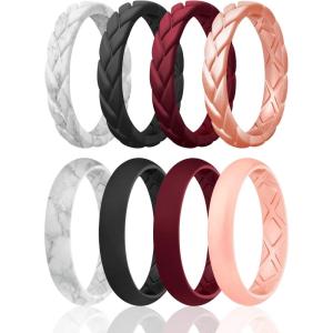 Egnaro Women’s Silicone Stackable Rings 3.5mm Wide 2mm Thick, Rubber Flexible Hypoallergenic Wedding Bands For Workout Leaf Braided Fashion(SETC3-Bordeaux  Peach  Marble  Black)
