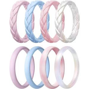 Egnaro Women’s Silicone Stackable Rings 3.5mm Wide 2mm Thick, Rubber Flexible Hypoallergenic Wedding Bands For Workout Leaf Braided Fashion(SETC4-Pink Camo  Lilac Purple  Sky Blue  Pearl White)