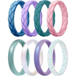 Egnaro Women’s Silicone Stackable Rings 3.5mm Wide 2mm Thick, Rubber Flexible Hypoallergenic Wedding Bands For Workout Leaf Braided Fashion(SETC6-Faint Red  Dream Purple  Emerald Green  Blue Jewel  Peal White  Metallic Starry Purple  Light Green Sparkle  Metallic Green)
