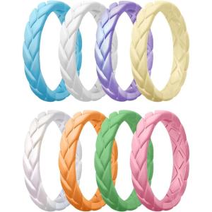 Egnaro Women’s Silicone Stackable Rings 3.5mm Wide 2mm Thick, Rubber Flexible Hypoallergenic Wedding Bands For Workout Leaf Braided Fashion(SETC8-White  Sunlight Yellow  Coral Orange  Faint Red  Cedar Green  Light Cyan Blue  Metallic Starry Purple  Pearl White)