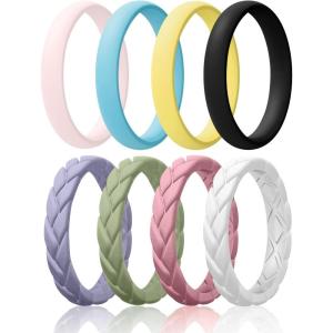 Egnaro Women’s Silicone Stackable Rings 3.5mm Wide 2mm Thick, Rubber Flexible Hypoallergenic Wedding Bands For Workout Leaf Braided Fashion(SETR5-White Pink  Cyan Blue  Yellow  Black  Cloudy Blue  Mist Green  Faint Red  White)