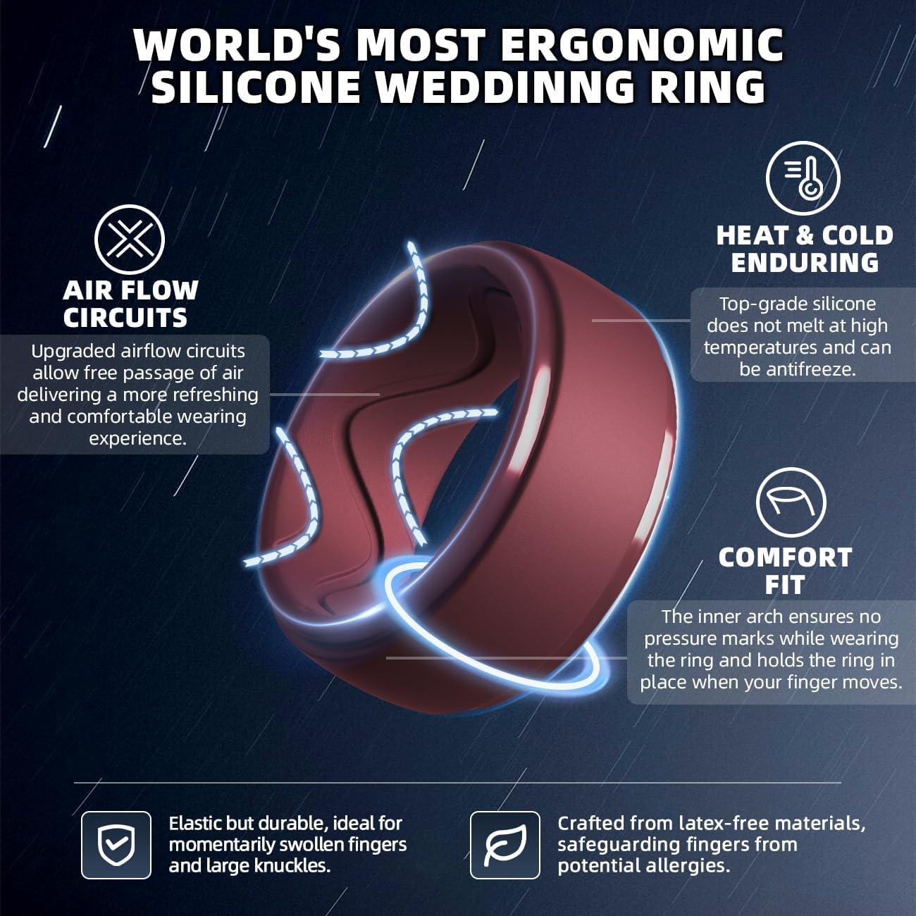 imageEgnaro Mens Silicone Rings 10mm Wide 25mm Thick Rubber Wedding Bands with Inner Arc Ergonomic Breathable Design 1457 Variety MultipackSETA1Silver Ink Green Twilight Blue Black Maroon Black Purple Black