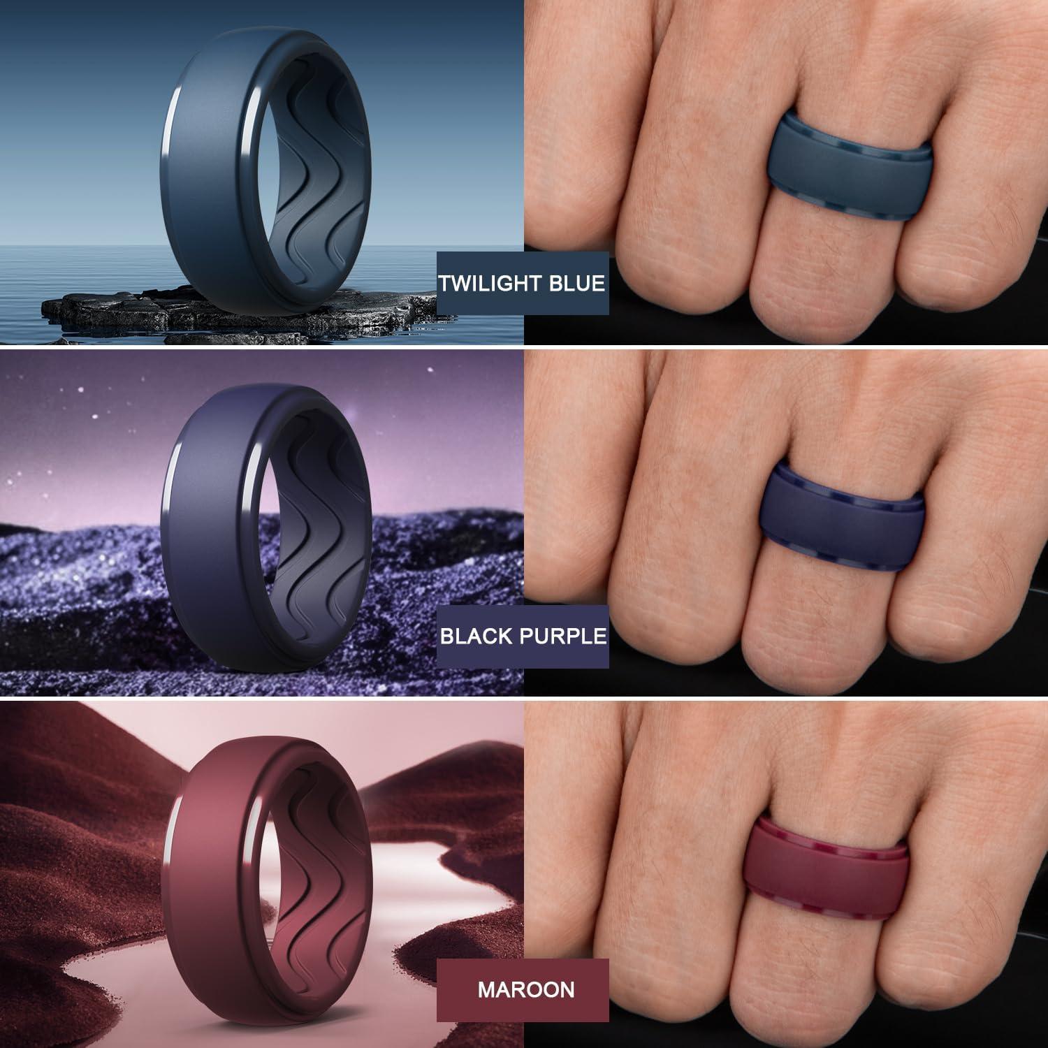 imageEgnaro Mens Silicone Rings 10mm Wide 25mm Thick Rubber Wedding Bands with Inner Arc Ergonomic Breathable Design 1457 Variety MultipackSETA1Silver Ink Green Twilight Blue Black Maroon Black Purple Black