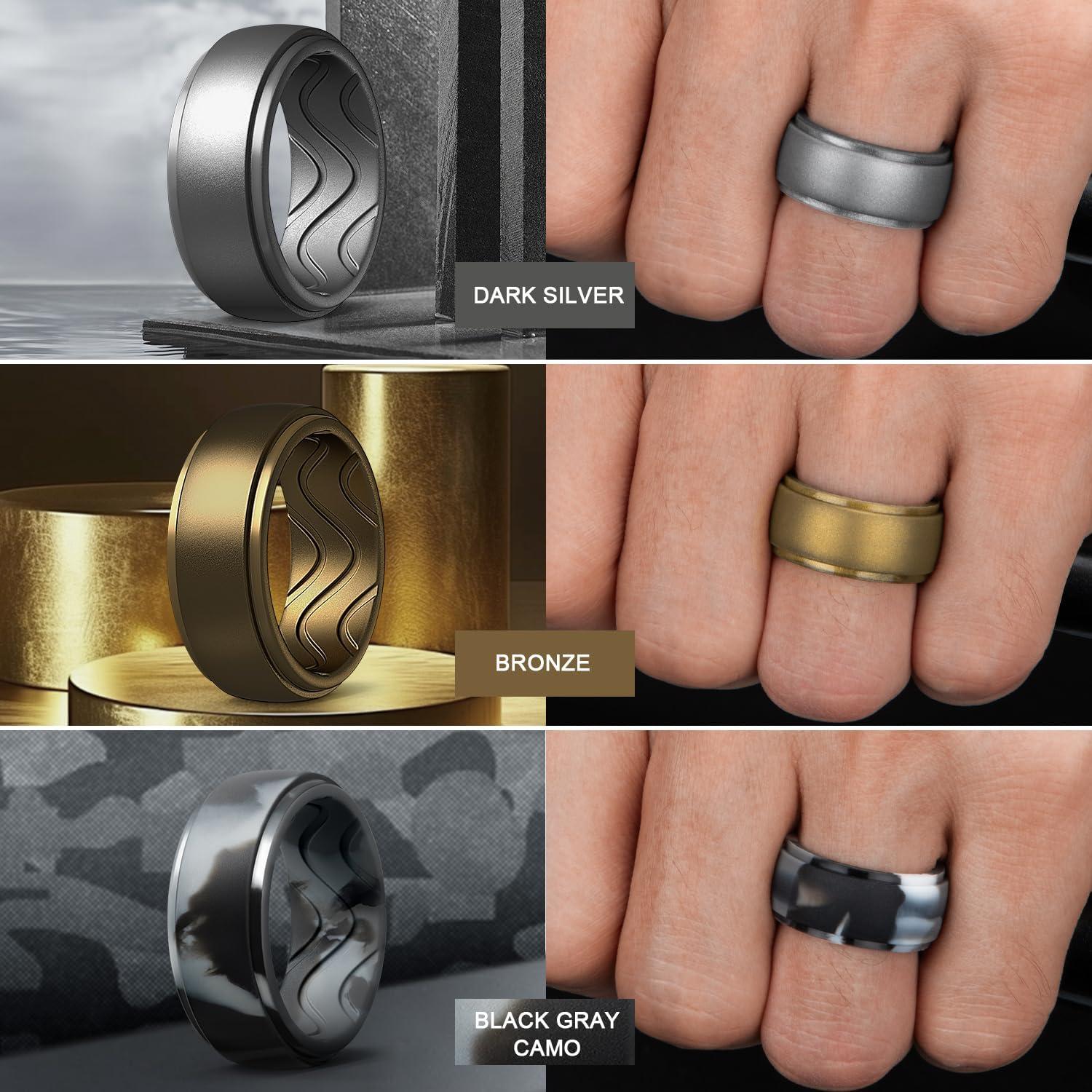 imageEgnaro Mens Silicone Rings 10mm Wide 25mm Thick Rubber Wedding Bands with Inner Arc Ergonomic Breathable Design 1457 Variety MultipackSETA2Black Dark Silver Black Gray Bronze Coffee Brown Black Gray Camo Midnight Blue
