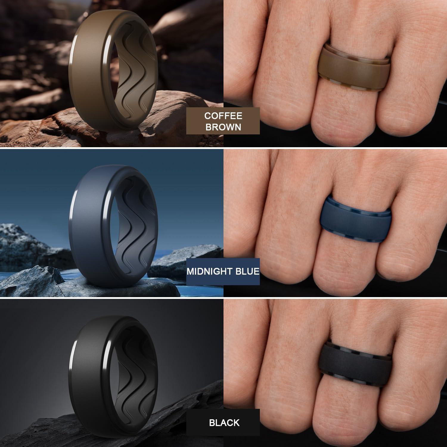 imageEgnaro Mens Silicone Rings 10mm Wide 25mm Thick Rubber Wedding Bands with Inner Arc Ergonomic Breathable Design 1457 Variety MultipackSETA2Black Dark Silver Black Gray Bronze Coffee Brown Black Gray Camo Midnight Blue