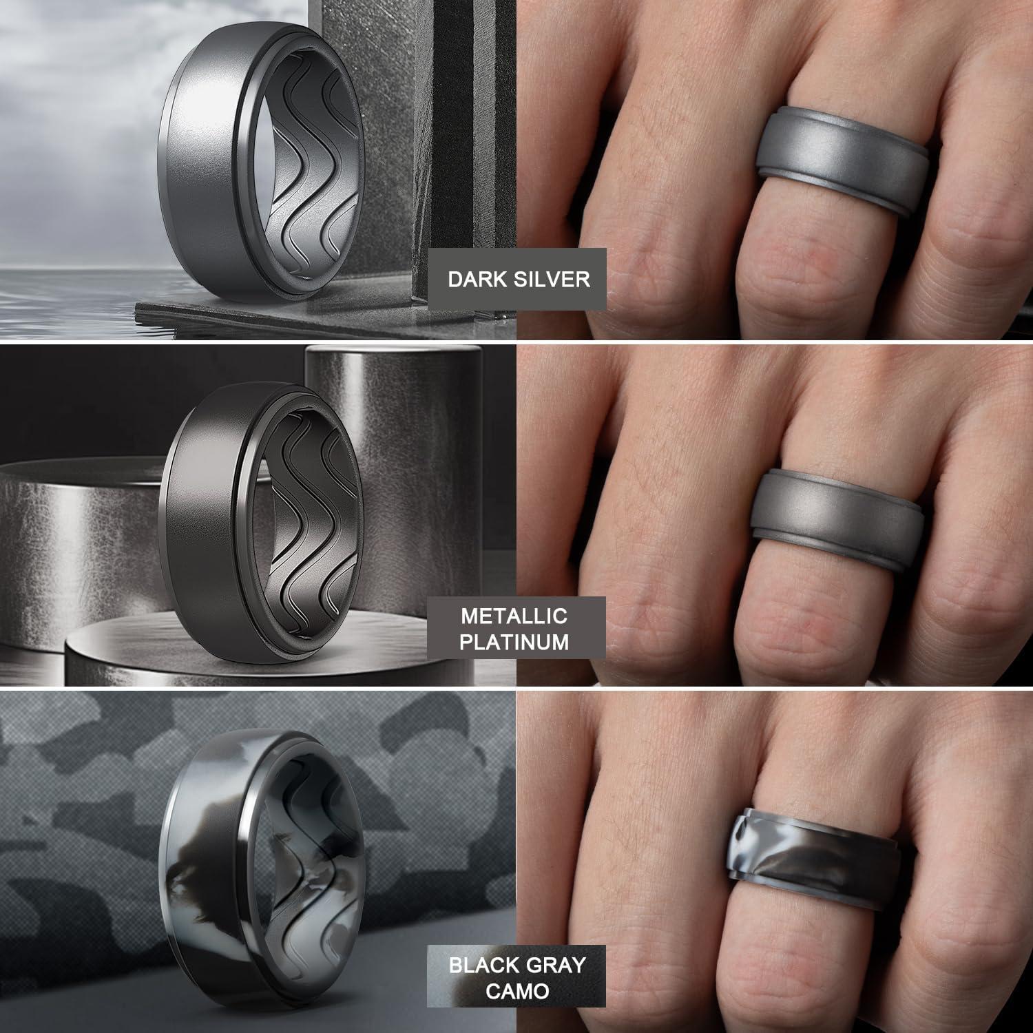 imageEgnaro Mens Silicone Rings 10mm Wide 25mm Thick Rubber Wedding Bands with Inner Arc Ergonomic Breathable Design 1457 Variety MultipackSETA3Black Black Gray Dark Silver Black Gray Camo Silver Metallic Platinum Light Gray