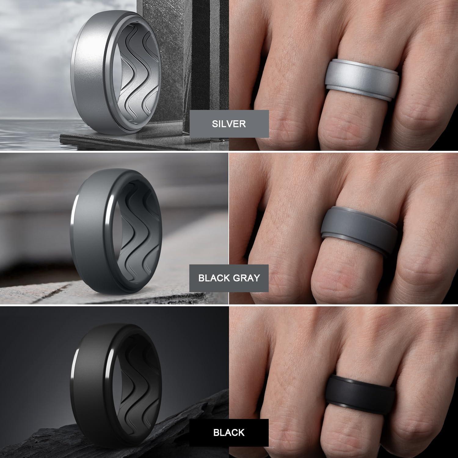 imageEgnaro Mens Silicone Rings 10mm Wide 25mm Thick Rubber Wedding Bands with Inner Arc Ergonomic Breathable Design 1457 Variety MultipackSETA3Black Black Gray Dark Silver Black Gray Camo Silver Metallic Platinum Light Gray