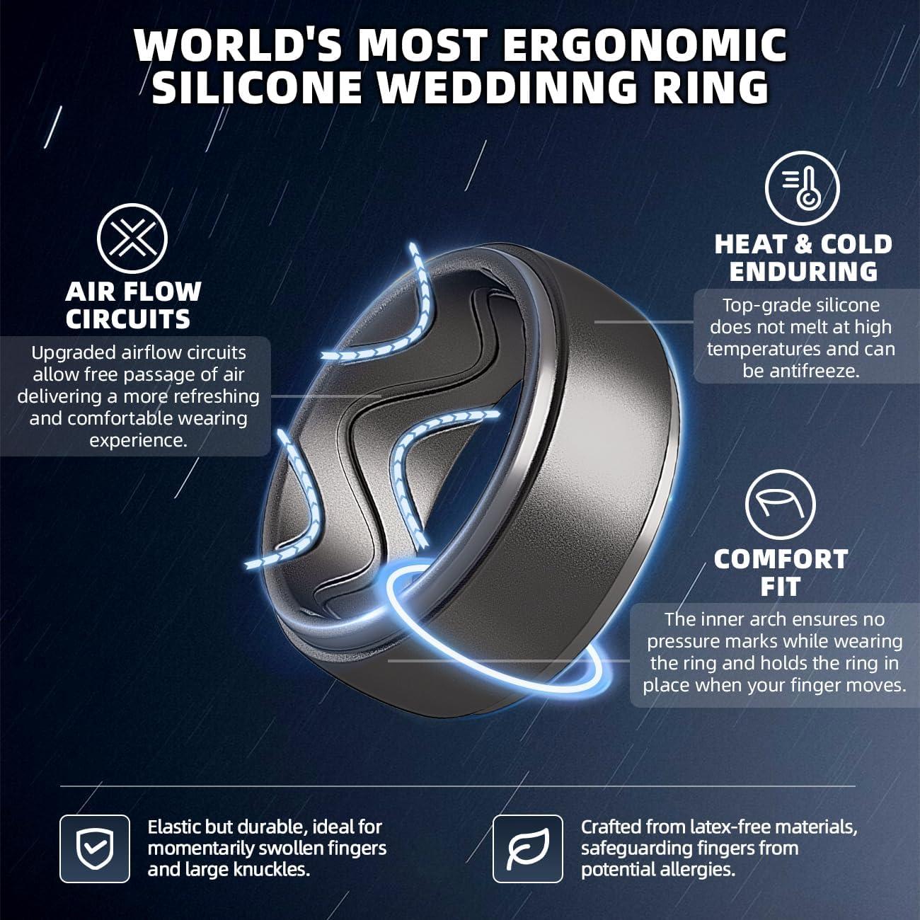 imageEgnaro Mens Silicone Rings 10mm Wide 25mm Thick Rubber Wedding Bands with Inner Arc Ergonomic Breathable Design 1457 Variety MultipackSETA3Black Black Gray Dark Silver Black Gray Camo Silver Metallic Platinum Light Gray