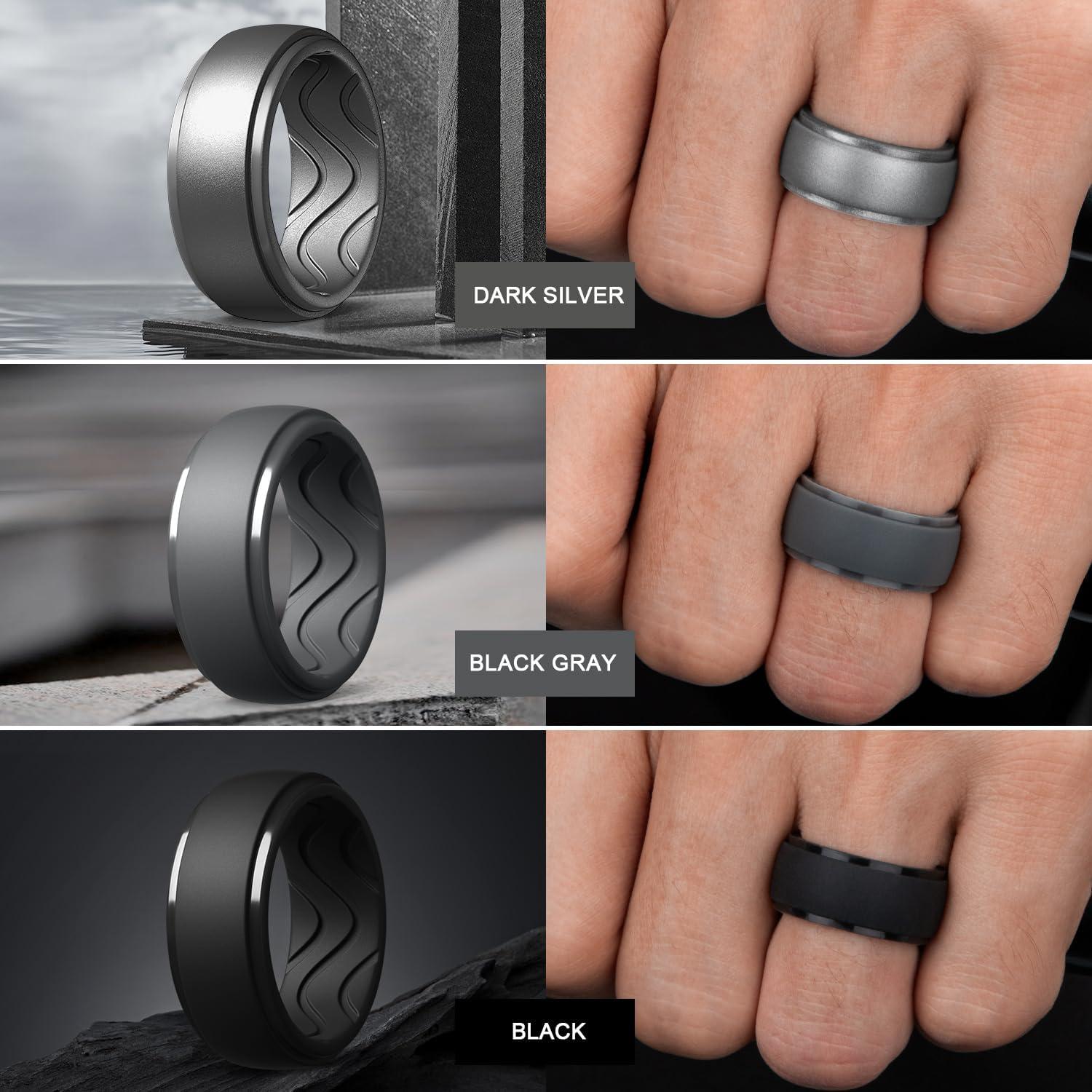 imageEgnaro Mens Silicone Rings 10mm Wide 25mm Thick Rubber Wedding Bands with Inner Arc Ergonomic Breathable Design 1457 Variety MultipackSETB1Dark Silver Black Gray Black Gray Black Black