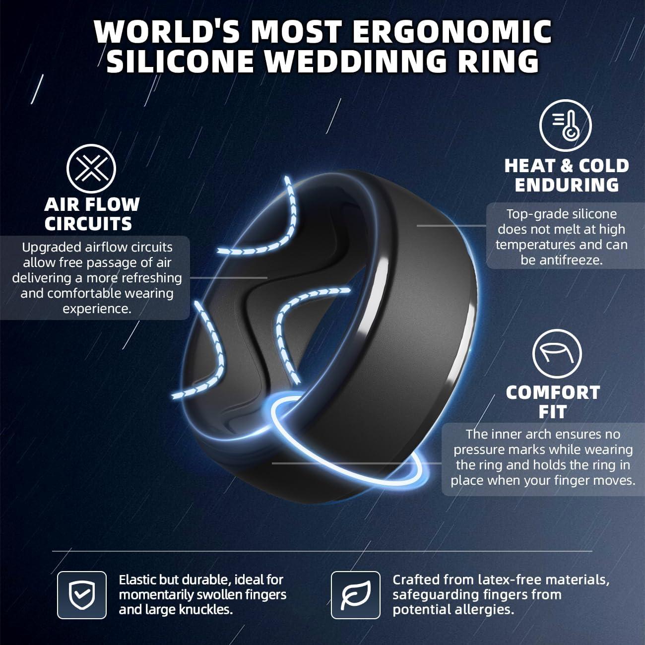 imageEgnaro Mens Silicone Rings 10mm Wide 25mm Thick Rubber Wedding Bands with Inner Arc Ergonomic Breathable Design 1457 Variety MultipackSETB1Dark Silver Black Gray Black Gray Black Black