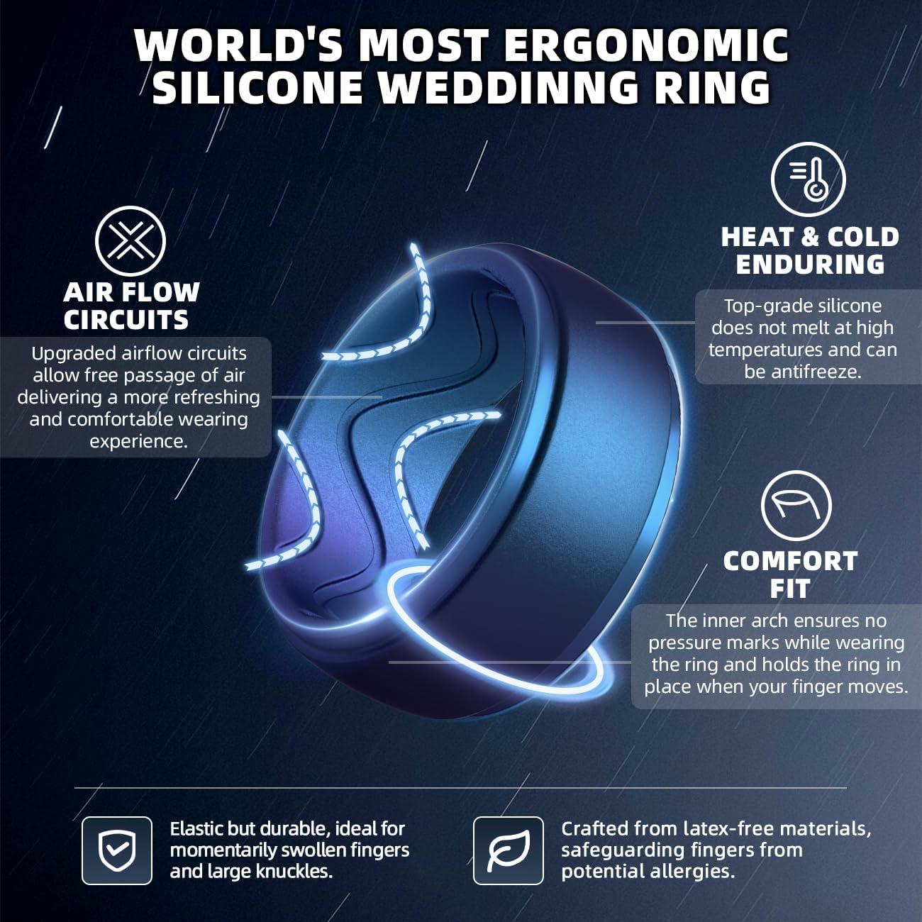 imageEgnaro Mens Silicone Rings 10mm Wide 25mm Thick Rubber Wedding Bands with Inner Arc Ergonomic Breathable Design 1457 Variety MultipackSETB2Black Iridescent Blue Black Purple Dark Silver