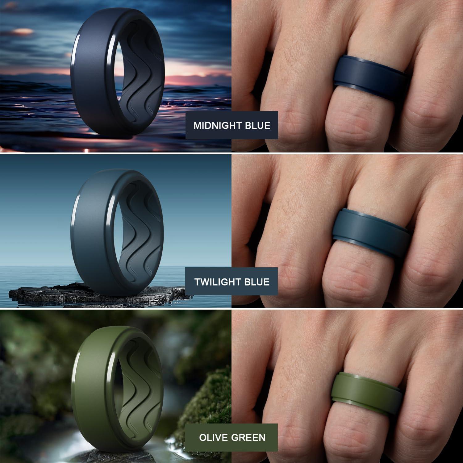imageEgnaro Mens Silicone Rings 10mm Wide 25mm Thick Rubber Wedding Bands with Inner Arc Ergonomic Breathable Design 1457 Variety MultipackSETESilver Black Gray Black Dark Brown Twilight Blue Olive Green Midnight Blue