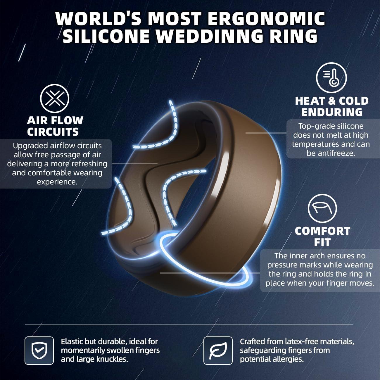 imageEgnaro Mens Silicone Rings 10mm Wide 25mm Thick Rubber Wedding Bands with Inner Arc Ergonomic Breathable Design 1457 Variety MultipackSETESilver Black Gray Black Dark Brown Twilight Blue Olive Green Midnight Blue