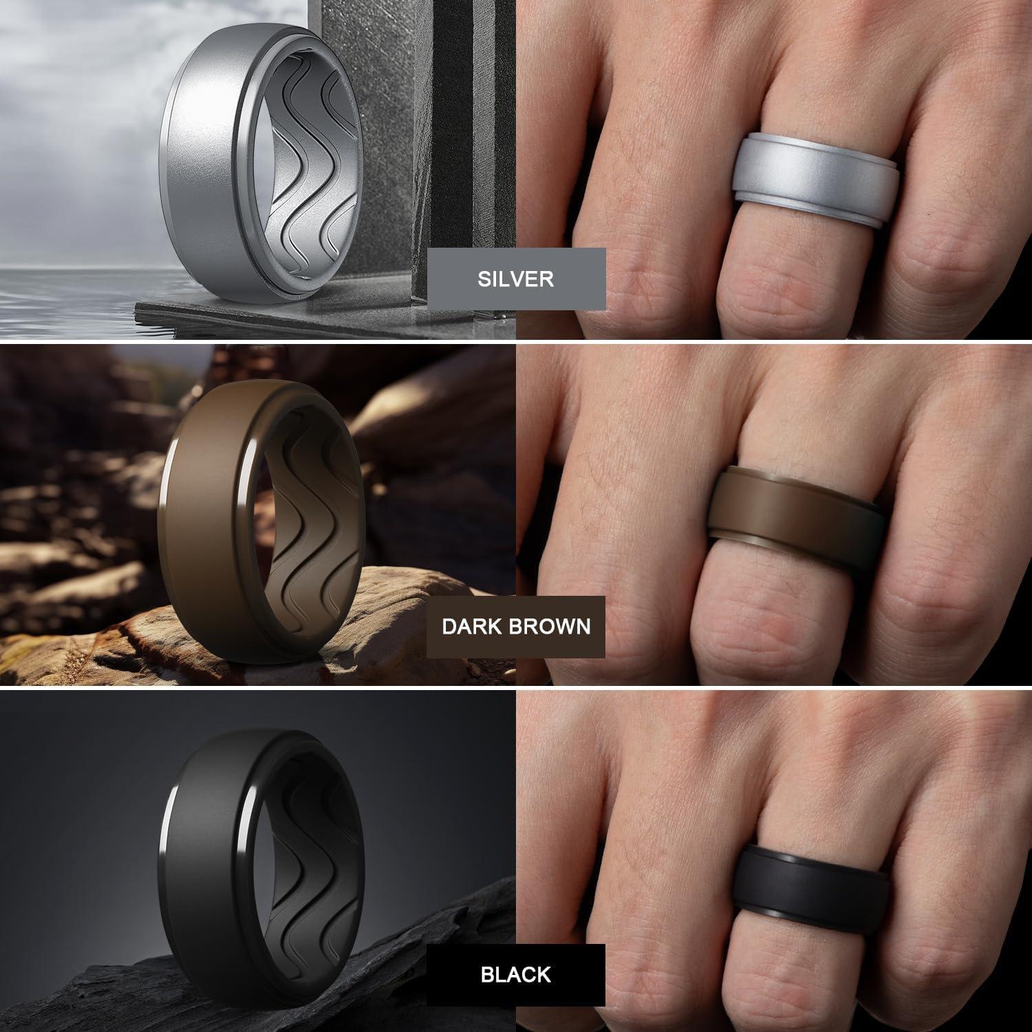 imageEgnaro Mens Silicone Rings 10mm Wide 25mm Thick Rubber Wedding Bands with Inner Arc Ergonomic Breathable Design 1457 Variety MultipackSETESilver Black Gray Black Dark Brown Twilight Blue Olive Green Midnight Blue