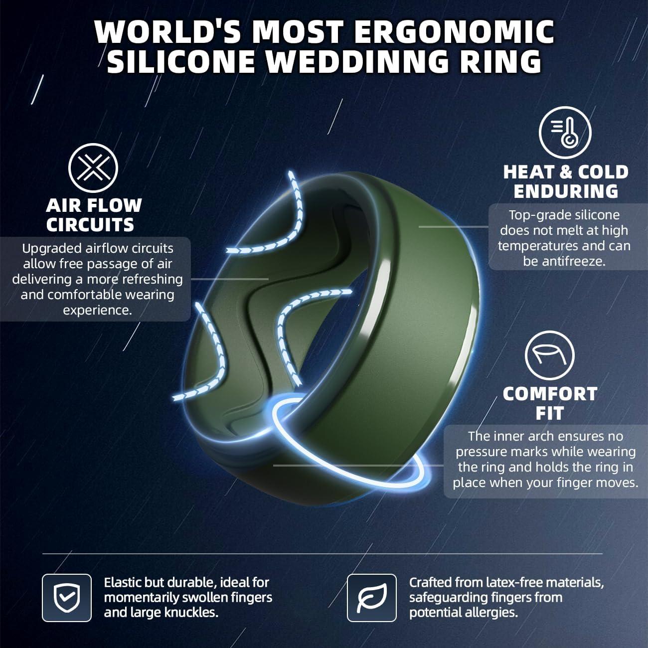imageEgnaro Mens Silicone Rings 10mm Wide 25mm Thick Rubber Wedding Bands with Inner Arc Ergonomic Breathable Design 1457 Variety MultipackSETFBlack Gray Tan Dark Foliage Green Twilight Blue Black