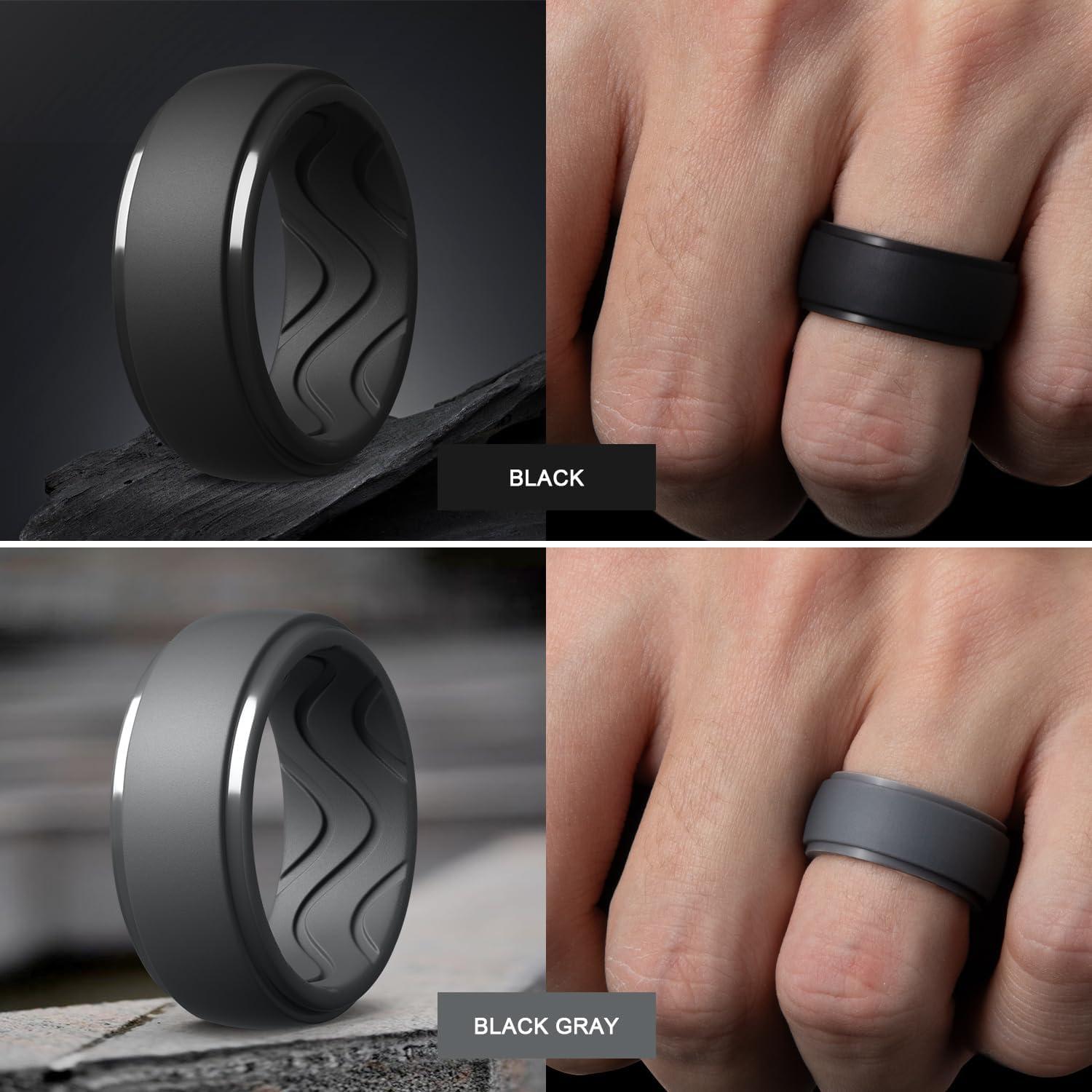 imageEgnaro Mens Silicone Rings 10mm Wide 25mm Thick Rubber Wedding Bands with Inner Arc Ergonomic Breathable Design 1457 Variety MultipackSETFBlack Gray Tan Dark Foliage Green Twilight Blue Black