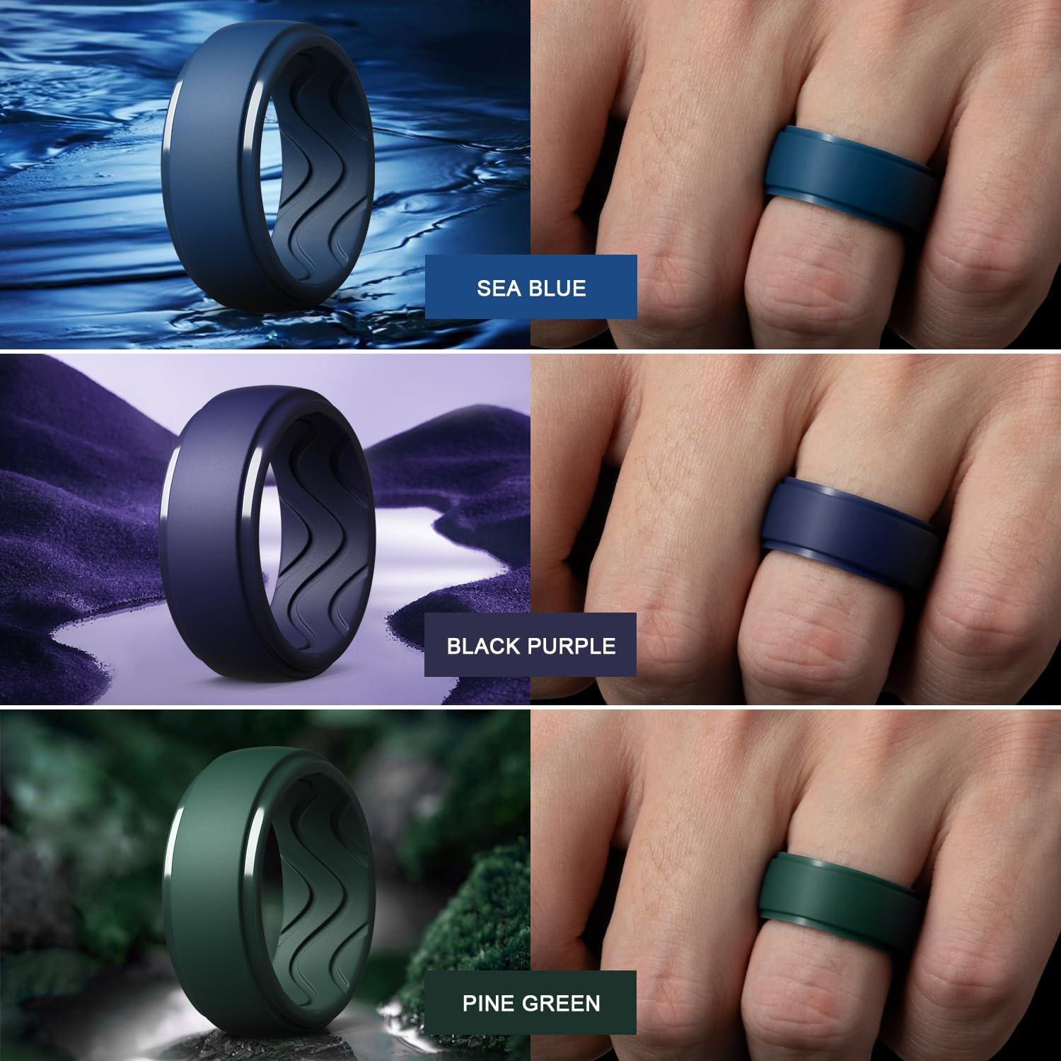 imageEgnaro Mens Silicone Rings 10mm Wide 25mm Thick Rubber Wedding Bands with Inner Arc Ergonomic Breathable Design 1457 Variety MultipackSETGLight Gray Pine Green Sea Blue Black Gray Chestnut Red Black Purple Black