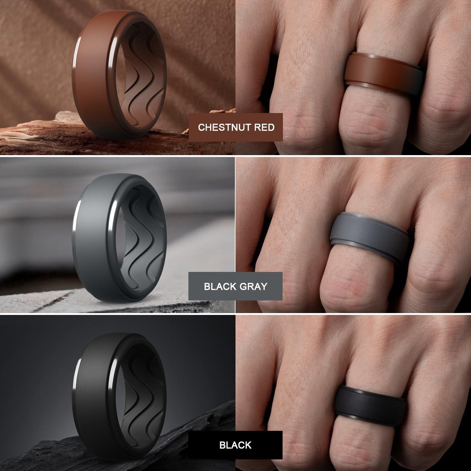 imageEgnaro Mens Silicone Rings 10mm Wide 25mm Thick Rubber Wedding Bands with Inner Arc Ergonomic Breathable Design 1457 Variety MultipackSETGLight Gray Pine Green Sea Blue Black Gray Chestnut Red Black Purple Black