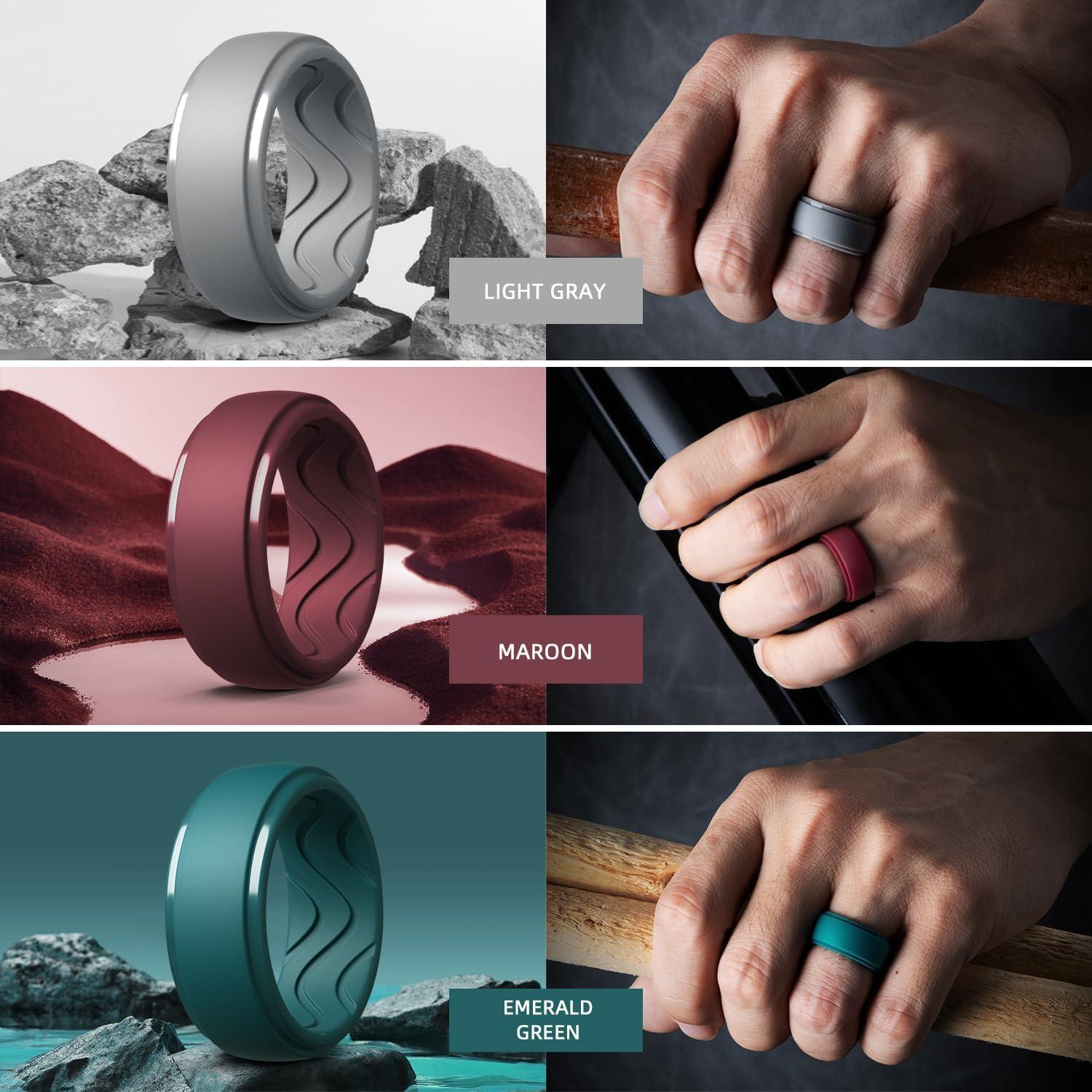 imageEgnaro Mens Silicone Rings 10mm Wide 25mm Thick Rubber Wedding Bands with Inner Arc Ergonomic Breathable Design 1457 Variety MultipackSETHLight Gray Maroon Emerald Green deep blue Dark Brown Black Gray Black