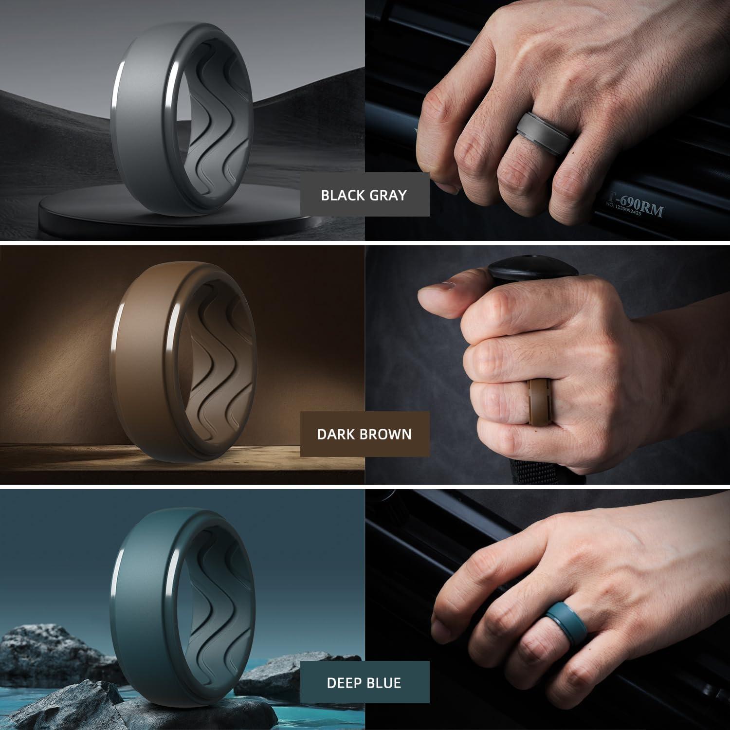 imageEgnaro Mens Silicone Rings 10mm Wide 25mm Thick Rubber Wedding Bands with Inner Arc Ergonomic Breathable Design 1457 Variety MultipackSETHLight Gray Maroon Emerald Green deep blue Dark Brown Black Gray Black