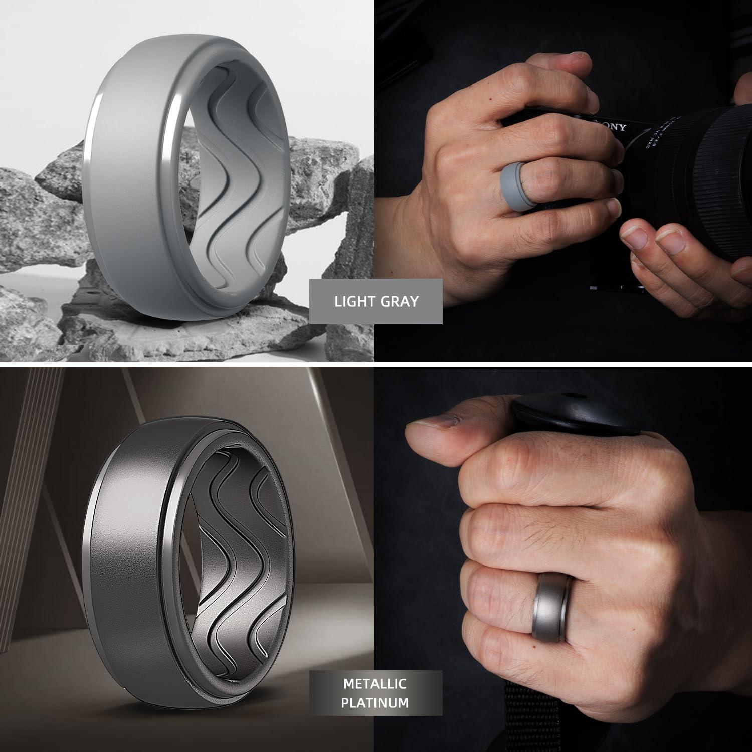 imageEgnaro Mens Silicone Rings 10mm Wide 25mm Thick Rubber Wedding Bands with Inner Arc Ergonomic Breathable Design 1457 Variety MultipackSETILight Gray Black GrayBlack Camo Metallic Platinum Black