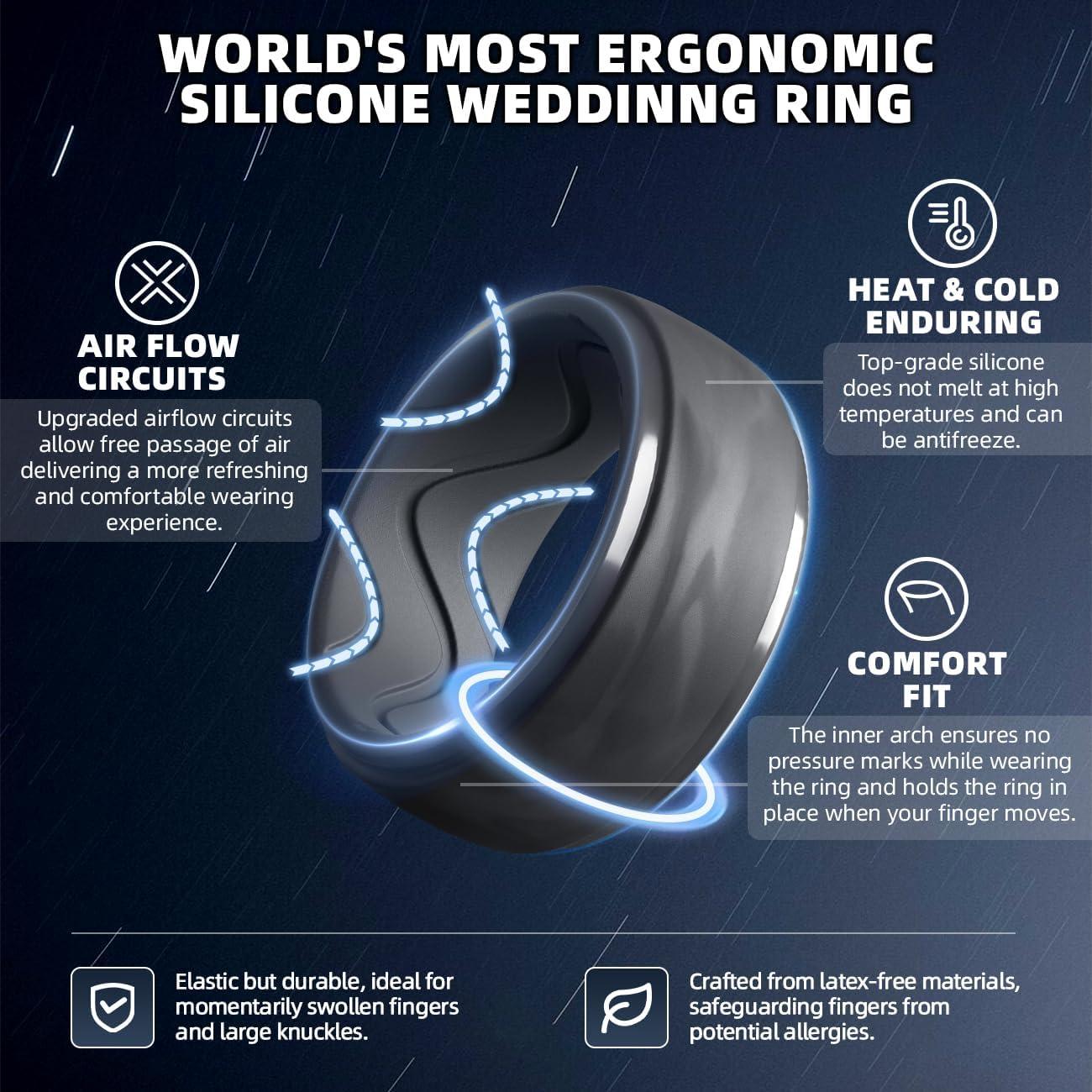imageEgnaro Mens Silicone Rings 10mm Wide 25mm Thick Rubber Wedding Bands with Inner Arc Ergonomic Breathable Design 1457 Variety MultipackSETILight Gray Black GrayBlack Camo Metallic Platinum Black