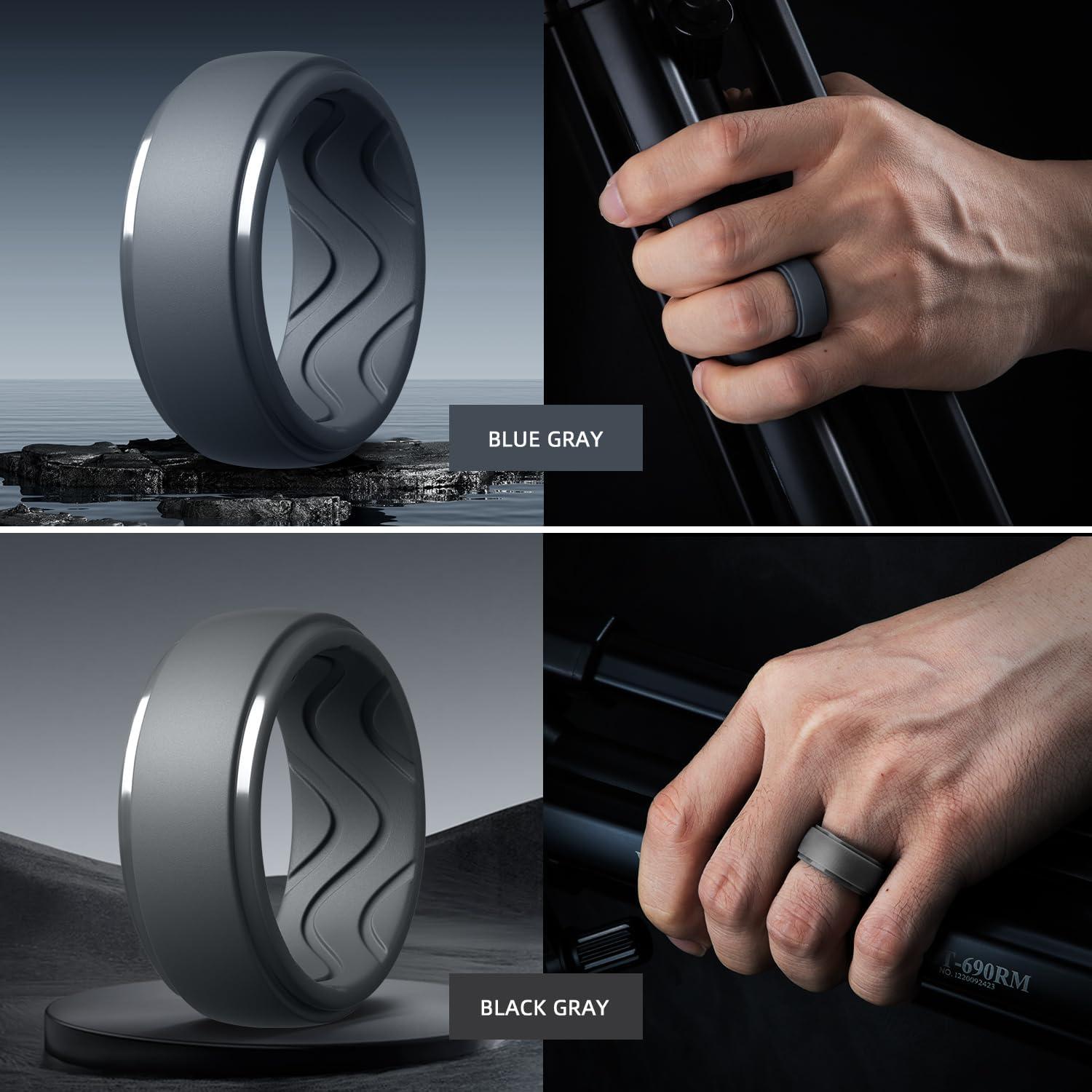 imageEgnaro Mens Silicone Rings 10mm Wide 25mm Thick Rubber Wedding Bands with Inner Arc Ergonomic Breathable Design 1457 Variety MultipackSETJBlack Gray Blue Gray Black GrayBlack Camo Black