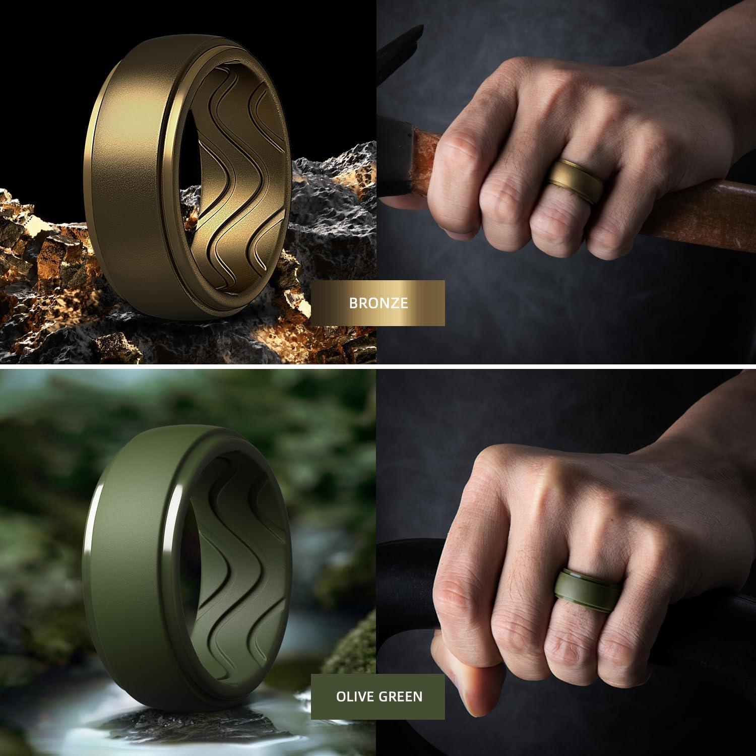 imageEgnaro Mens Silicone Rings 10mm Wide 25mm Thick Rubber Wedding Bands with Inner Arc Ergonomic Breathable Design 1457 Variety MultipackSETLBlack Dark Silver Black Gray Camo Olive Green Bronze