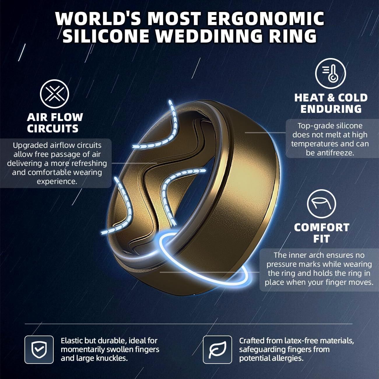 imageEgnaro Mens Silicone Rings 10mm Wide 25mm Thick Rubber Wedding Bands with Inner Arc Ergonomic Breathable Design 1457 Variety MultipackSETLBlack Dark Silver Black Gray Camo Olive Green Bronze