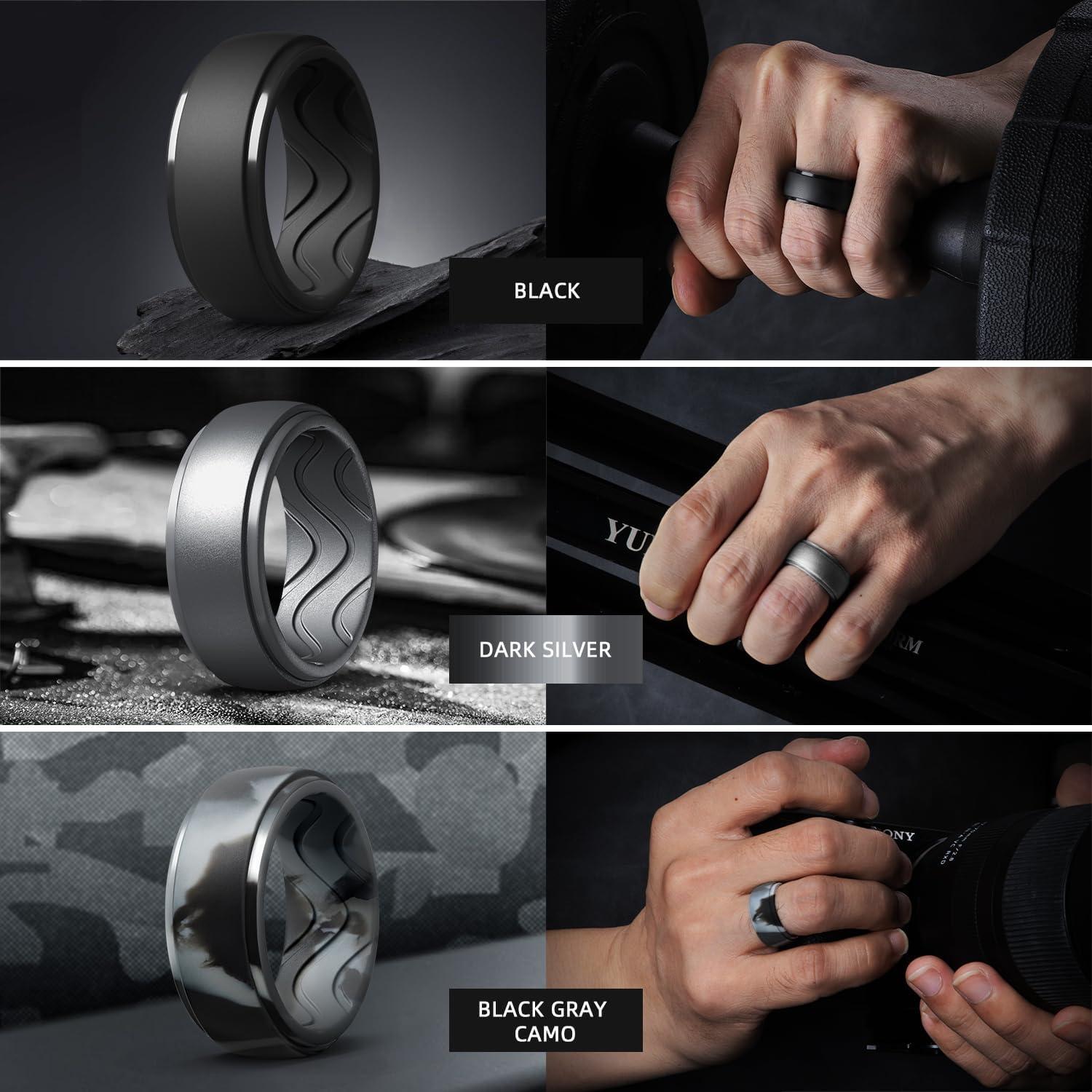 imageEgnaro Mens Silicone Rings 10mm Wide 25mm Thick Rubber Wedding Bands with Inner Arc Ergonomic Breathable Design 1457 Variety MultipackSETLBlack Dark Silver Black Gray Camo Olive Green Bronze