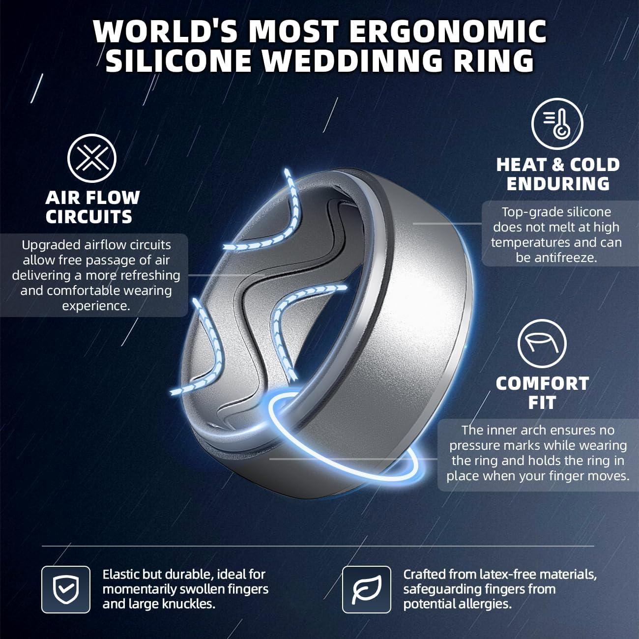 imageEgnaro Mens Silicone Rings 10mm Wide 25mm Thick Rubber Wedding Bands with Inner Arc Ergonomic Breathable Design 1457 Variety MultipackSETMBlack Silver